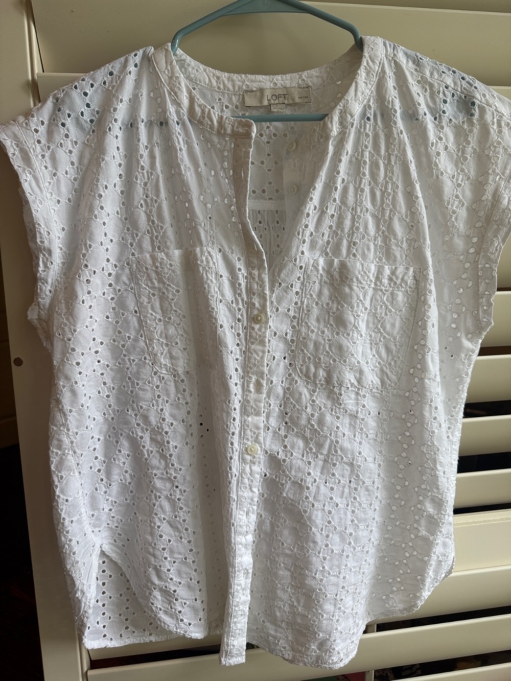 LOFT White Eyelet Button-Front Cap Sleeve Blouse